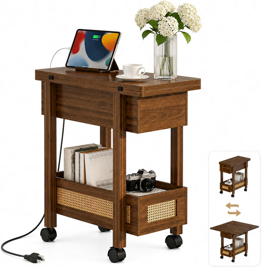 Dark - Drop Leaf End Table with Charging Station and Wheels