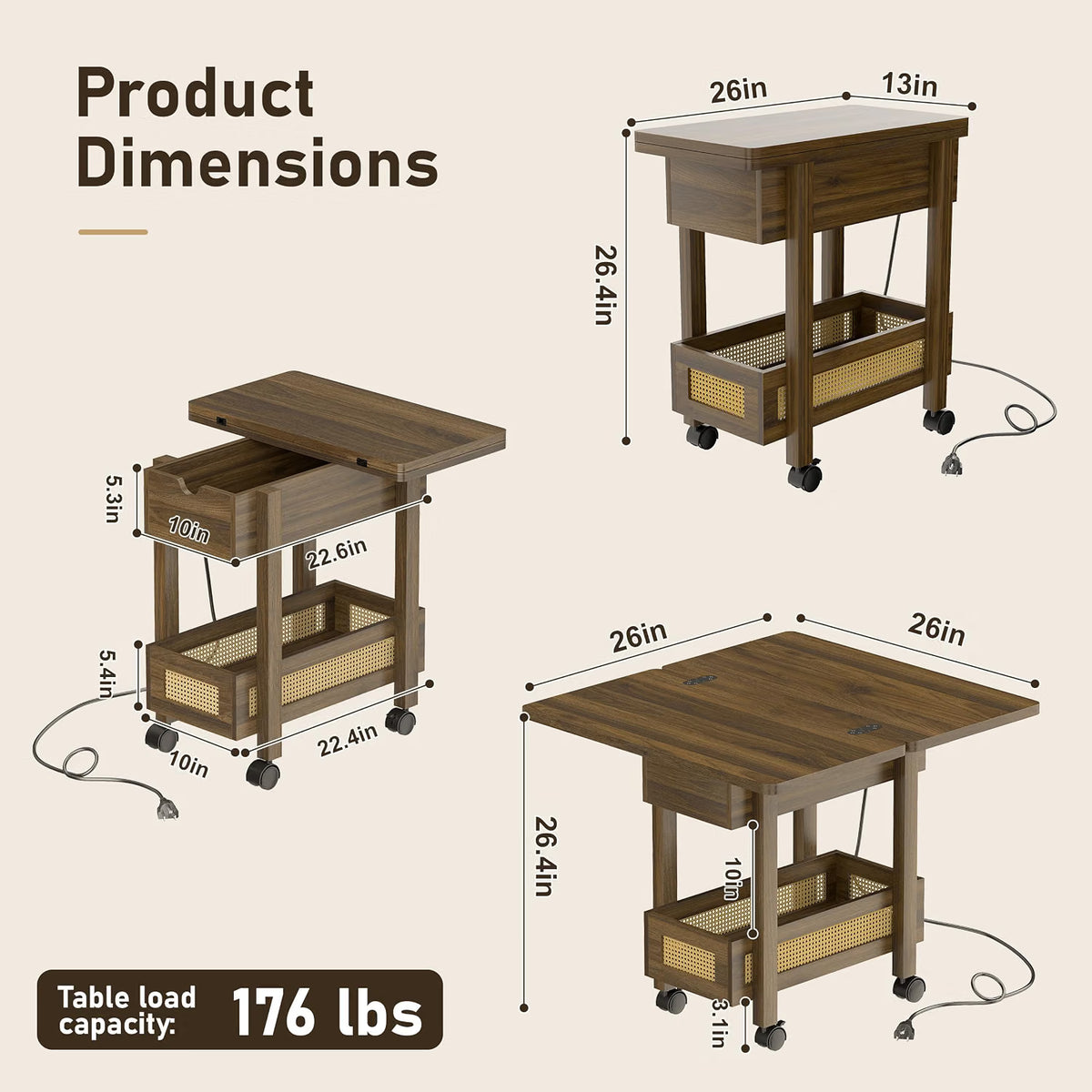 Dark - Drop Leaf End Table with Charging Station and Wheels