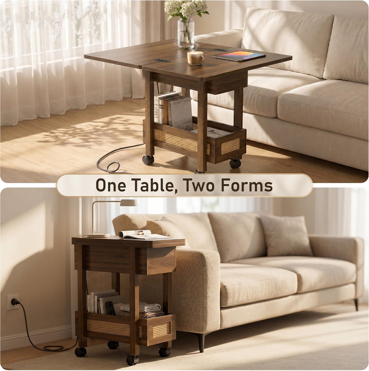 Dark - Drop Leaf End Table with Charging Station and Wheels