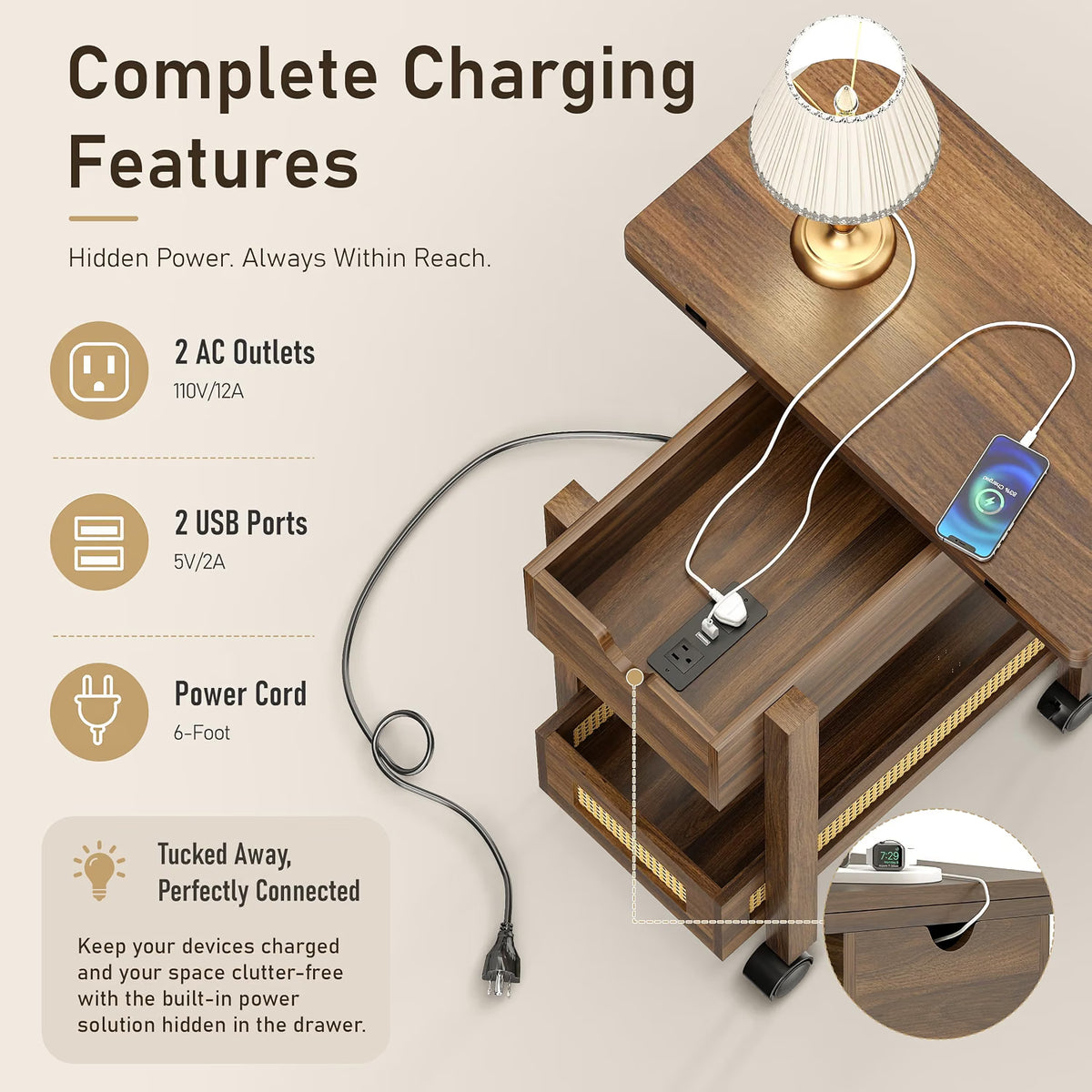 Dark - Drop Leaf End Table with Charging Station and Wheels