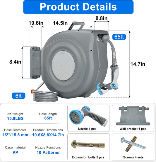 65ft Retractable Garden Hose Reel