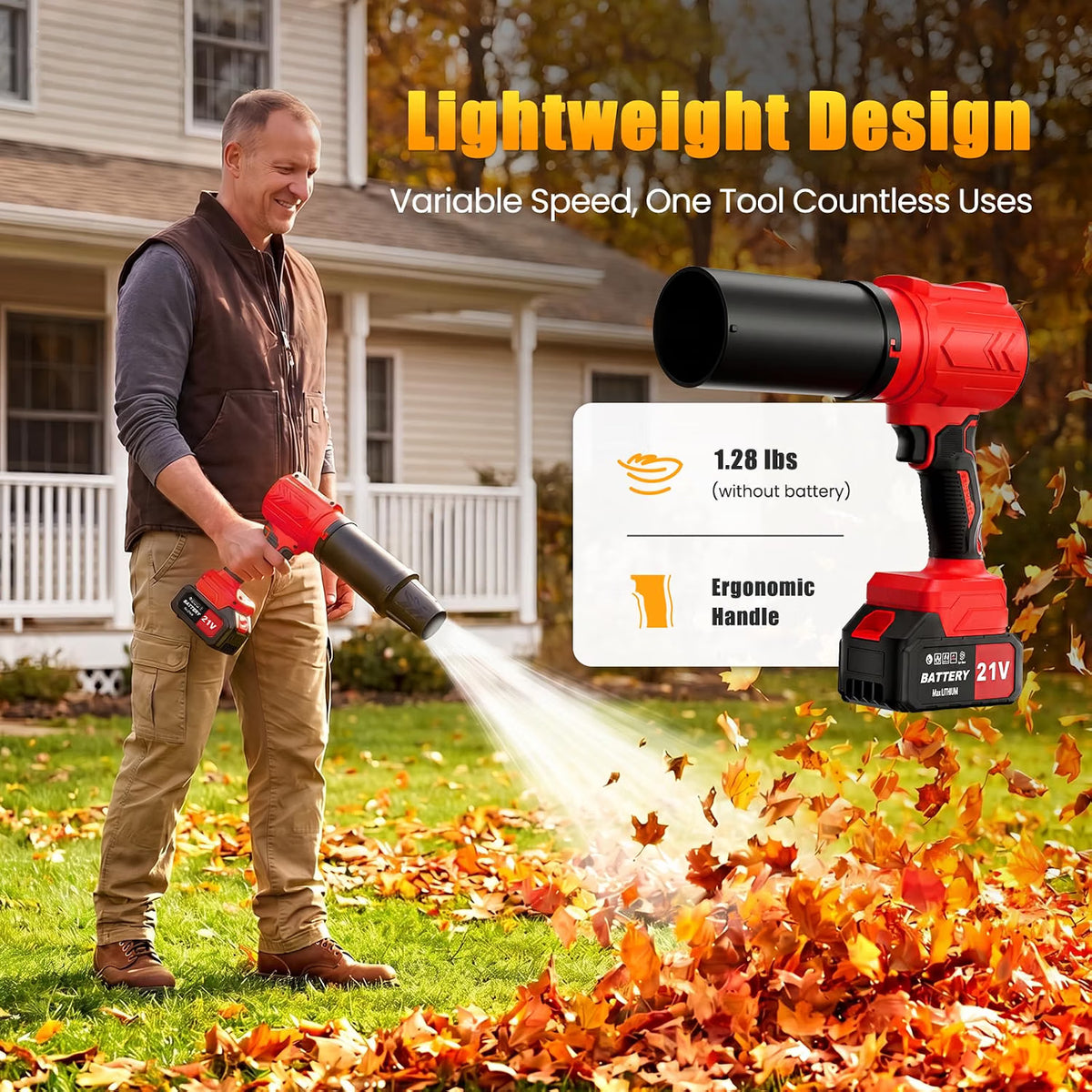 21V Cordless Leaf Blower with Brushless Motor and 2 Batteries