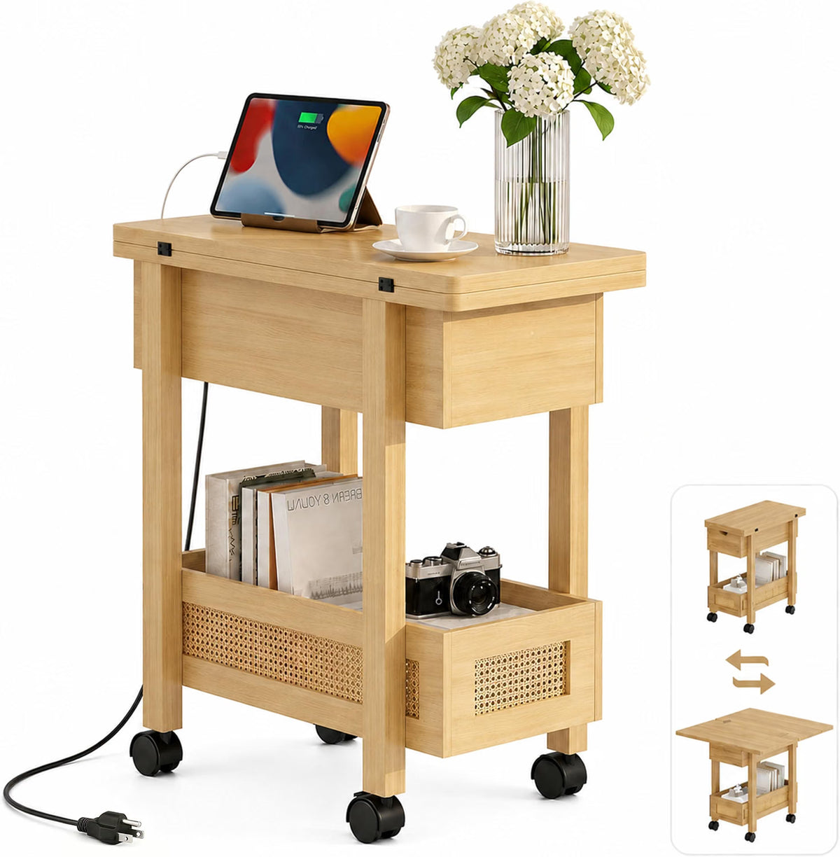Tan - Drop Leaf End Table with Charging Station and Storage