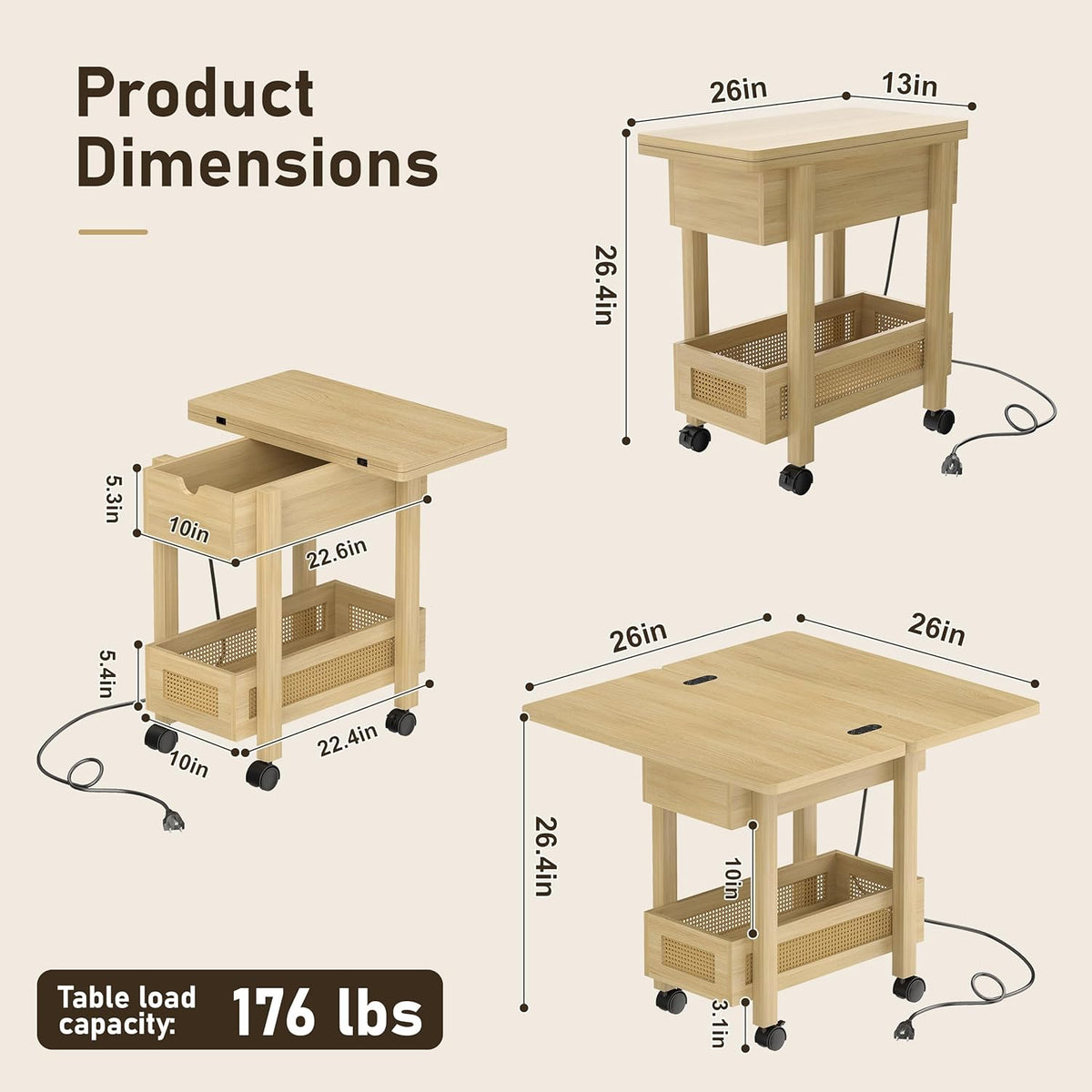 Tan - Drop Leaf End Table with Charging Station and Storage