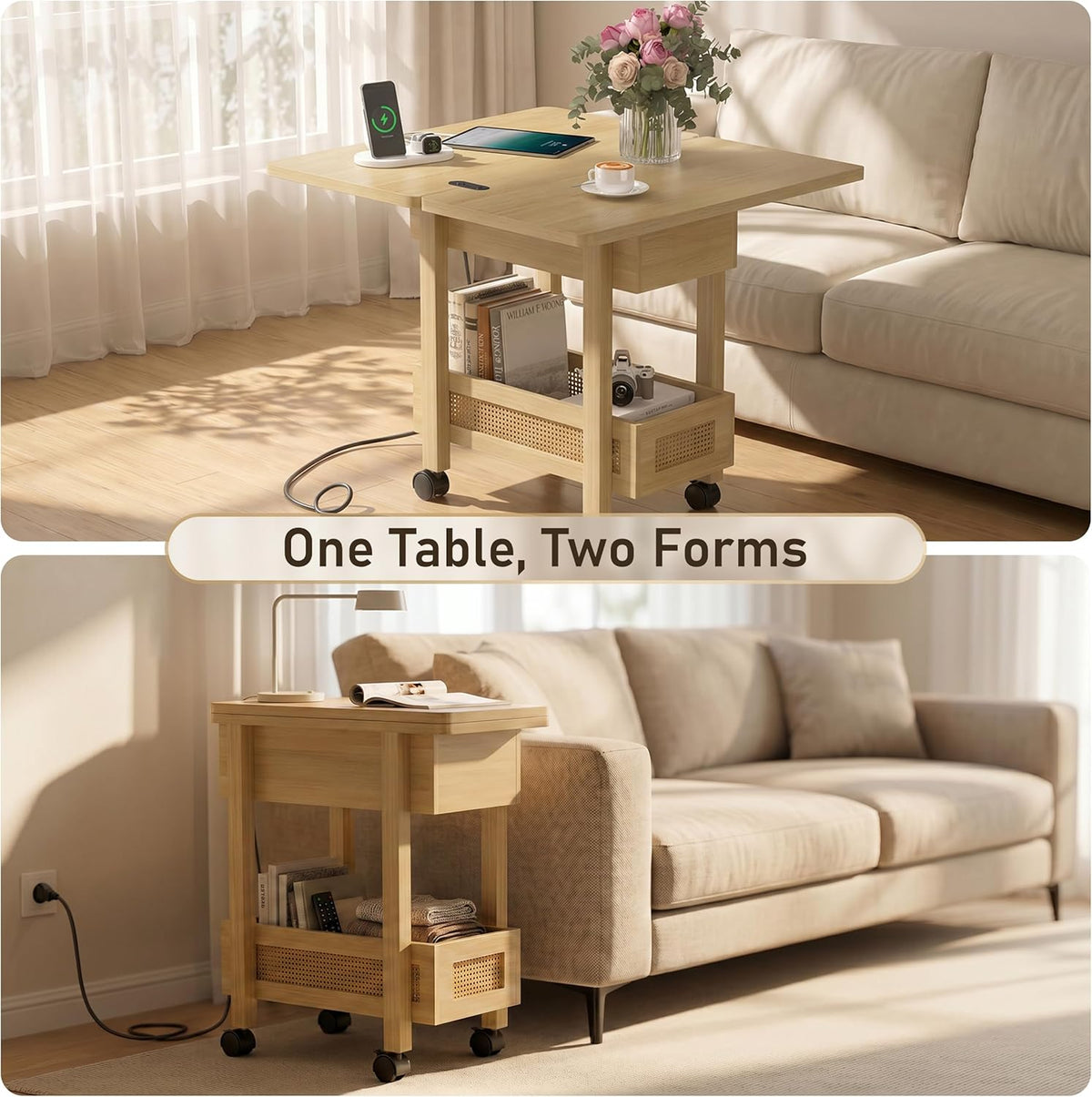 Tan - Drop Leaf End Table with Charging Station and Storage