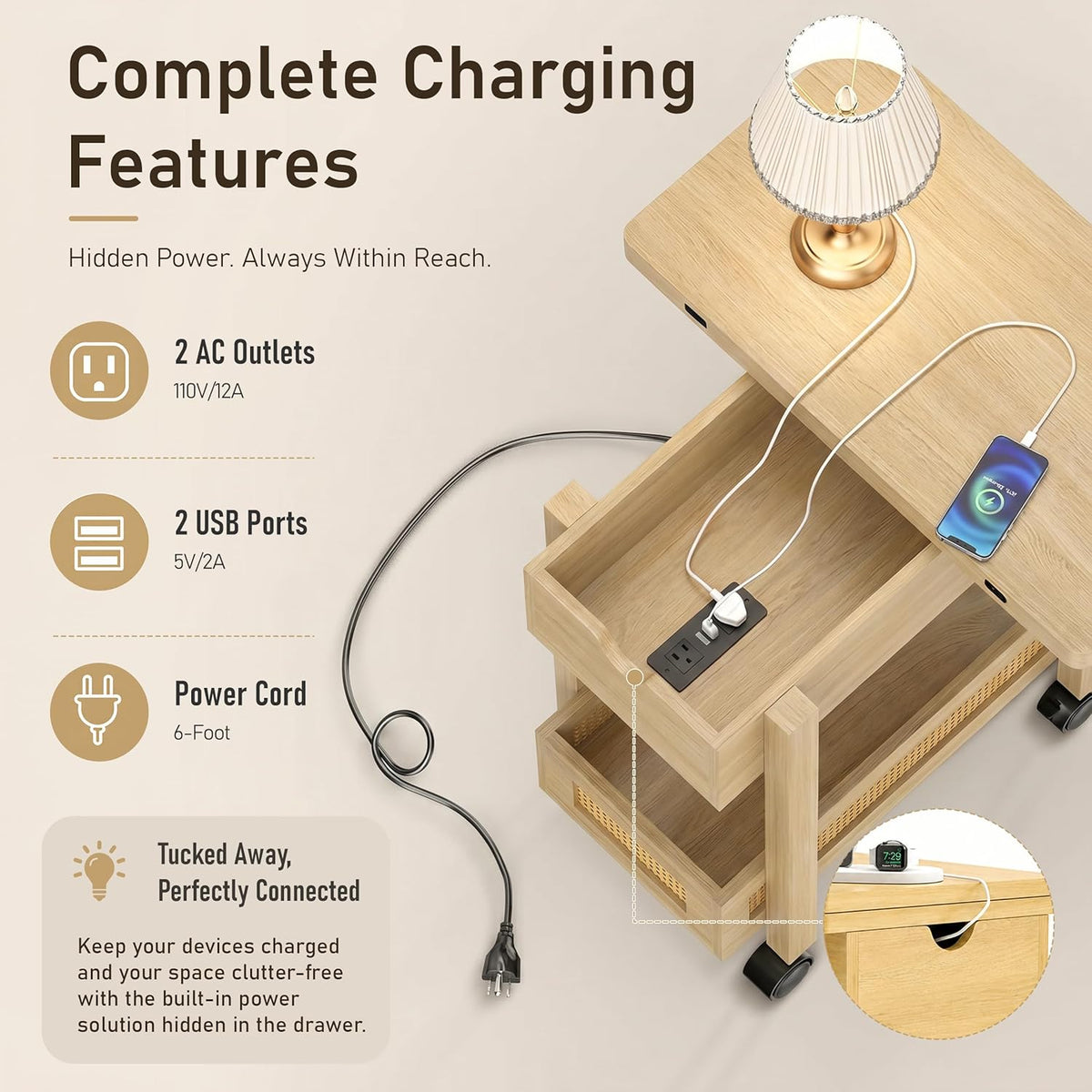 Tan - Drop Leaf End Table with Charging Station and Storage