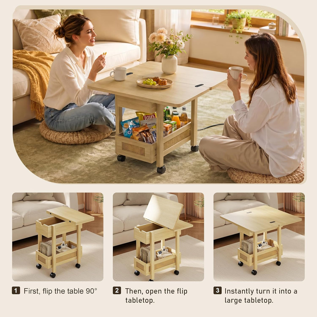 Tan - Drop Leaf End Table with Charging Station and Storage