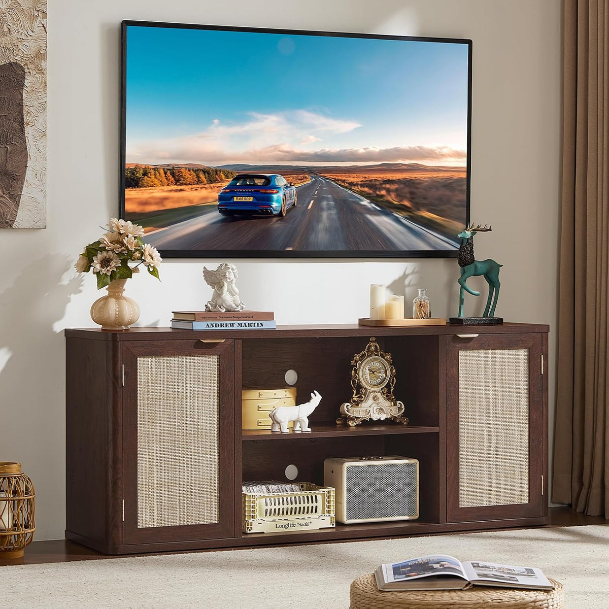 Dark Wood TV Stand with Rattan Doors