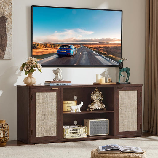Dark Wood TV Stand with Rattan Doors