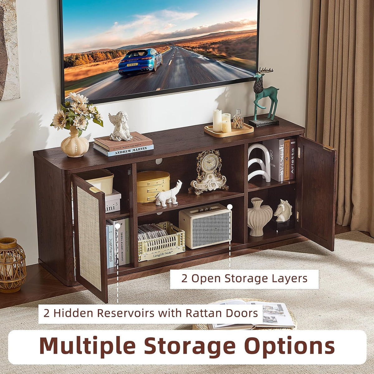 Dark Wood TV Stand with Rattan Doors