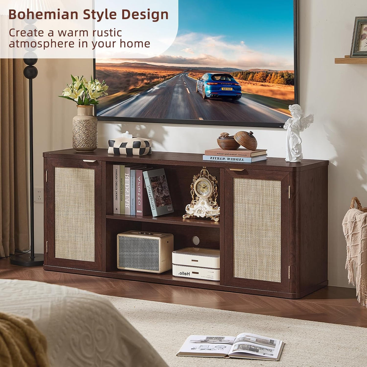 Dark Wood TV Stand with Rattan Doors