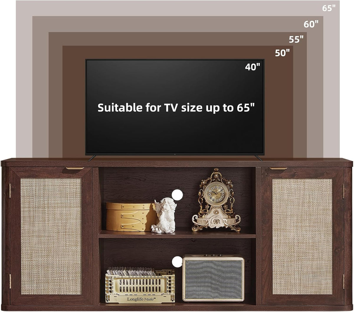 Dark Wood TV Stand with Rattan Doors