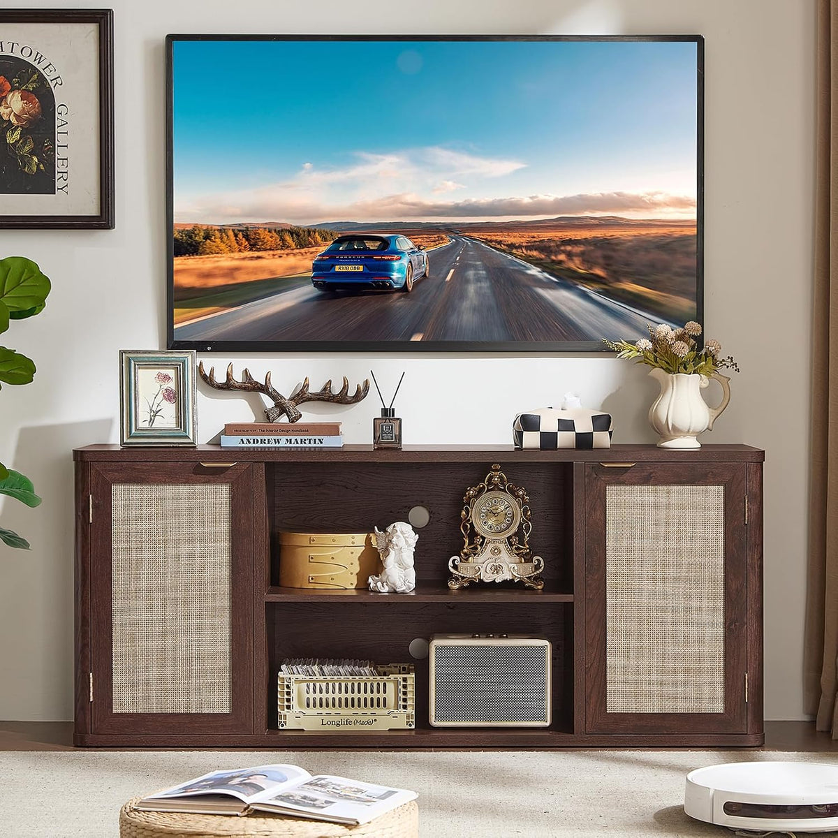 Dark Wood TV Stand with Rattan Doors