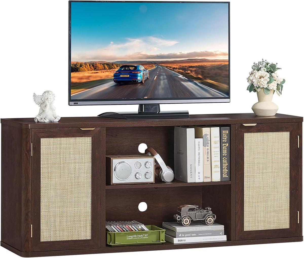 Dark Wood TV Stand with Rattan Doors